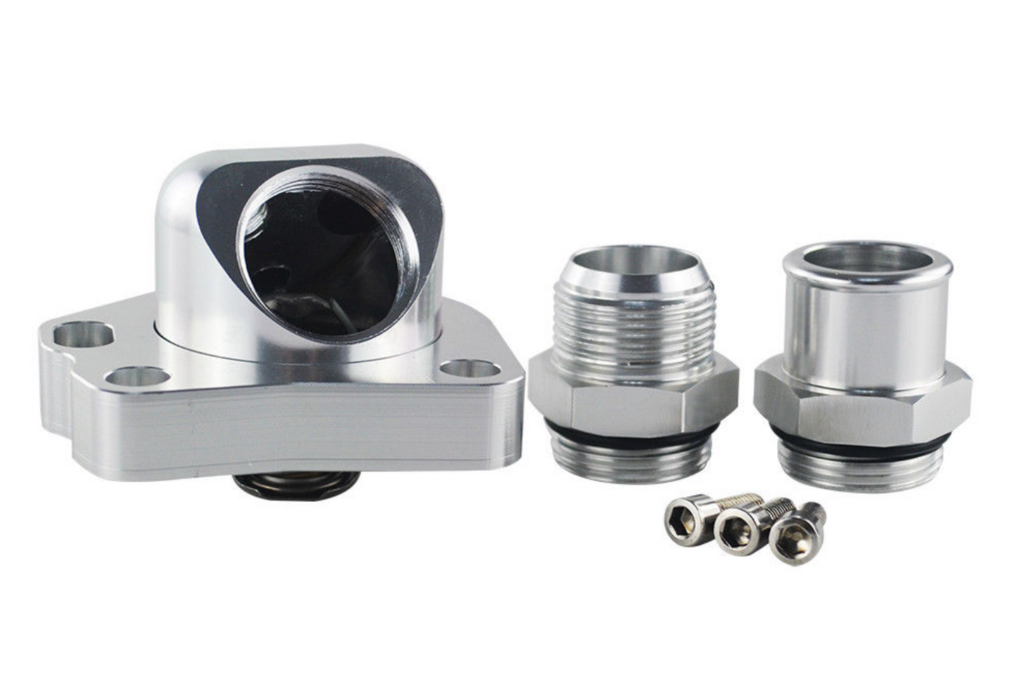 Jack Spania Racing swivel neck thermostat housing for K-series K20 and K24 engine radiator hoses, compatible with K-Swap Civics.