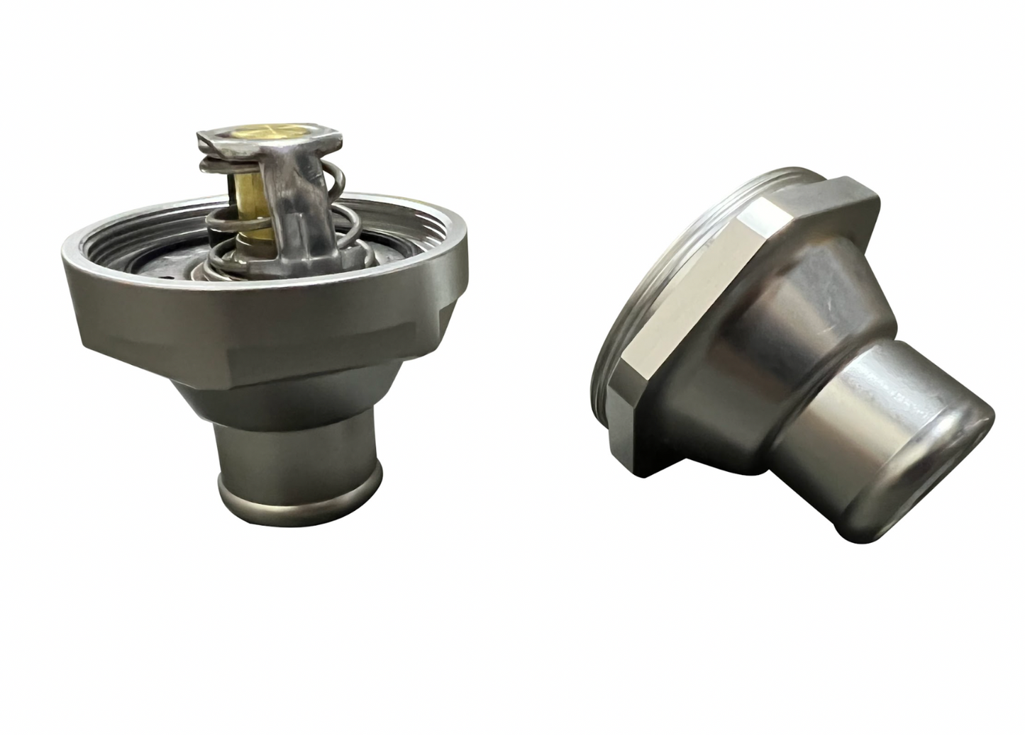 Jack Spania Racing 1.25-inch billet in-line thermostat for universal radiator coolant hoses, engine parts, metal construction.