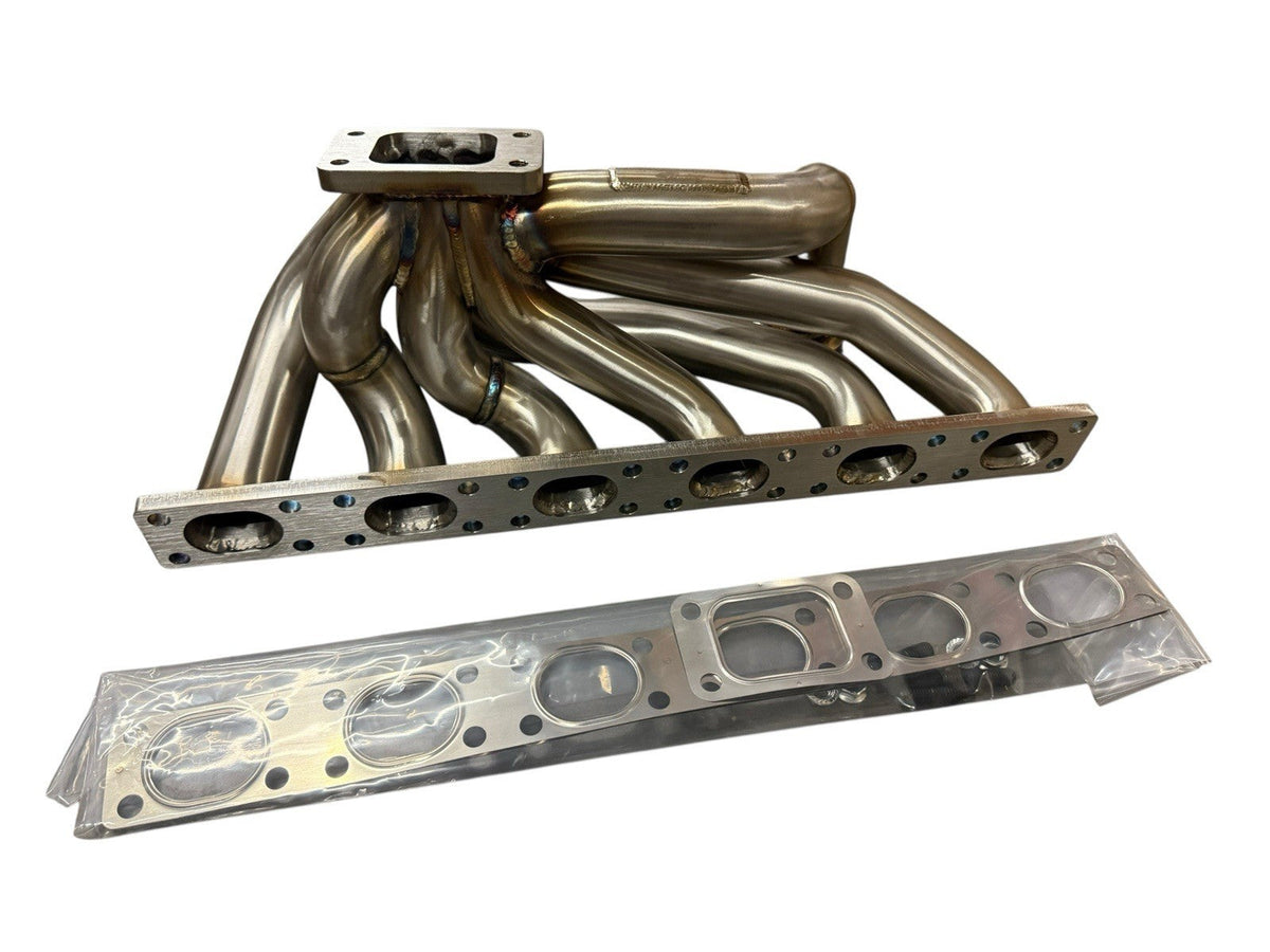 BMW E30 E34 M50 M52 M54 S50 tubular top mount turbo manifold with T3 flange and 44mm wastegate, black exhaust parts by JackSpania Racing