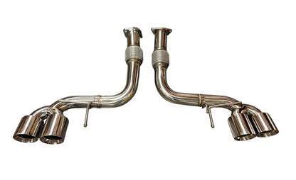 JackSpania Racing axle back exhaust for Chevrolet Corvette C8 2020+ with 6.2L V8, featuring a 3-inch muffler pipe.