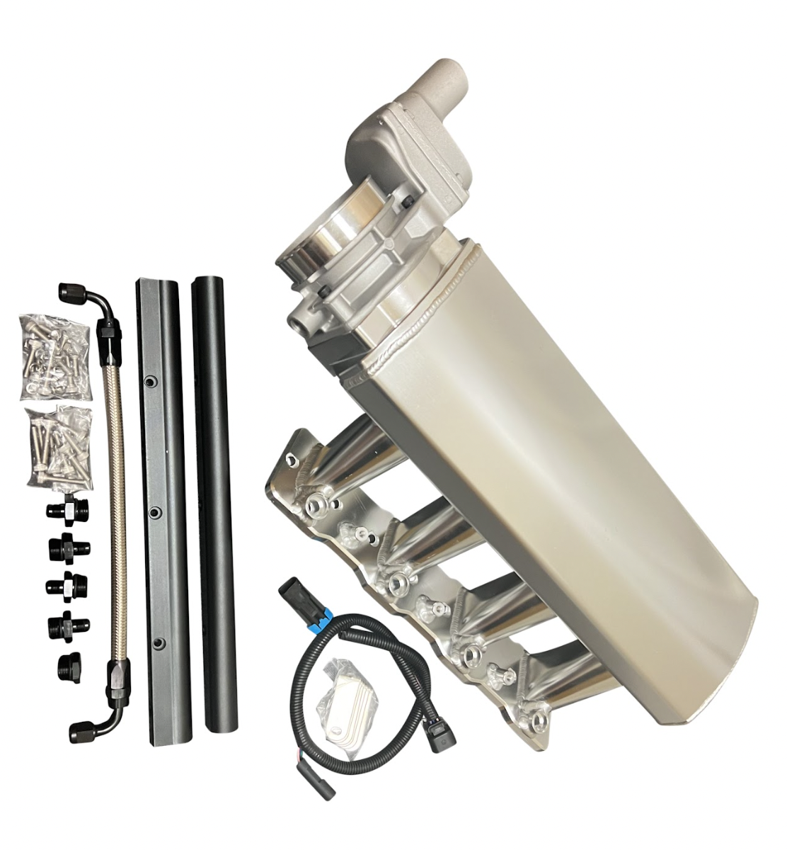 Jack Spania Racing LS low profile metal fabricated intake manifold for LS1, LS2, LS6 engines with 92mm or 102mm cathedral throttle body.