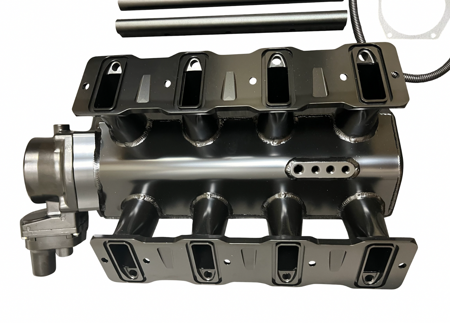 LS Low Profile Metal Intake Manifold for LS1, LS2, LS6 engines by Jack Spania Racing, featuring 92mm and 102mm cathedral ports.