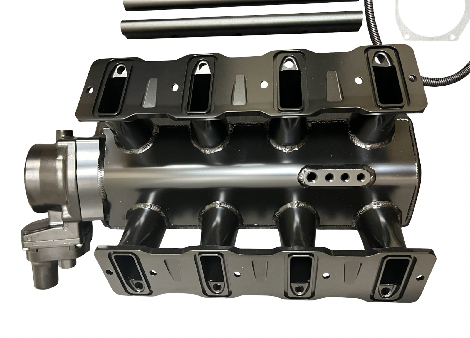 LS Low Profile Metal Intake Manifold for LS1, LS2, LS6 engines by Jack Spania Racing, featuring 92mm and 102mm cathedral ports.
