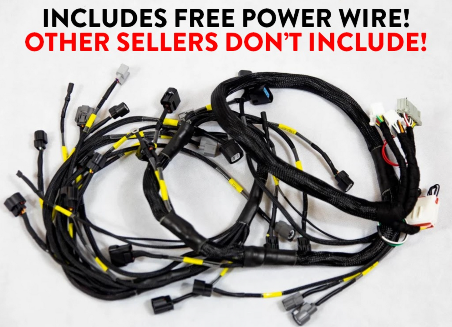 Jack Spania Racing K20 K24 K-Series engine harness for Honda Acura, showing power wire and wiring components for engine installation.