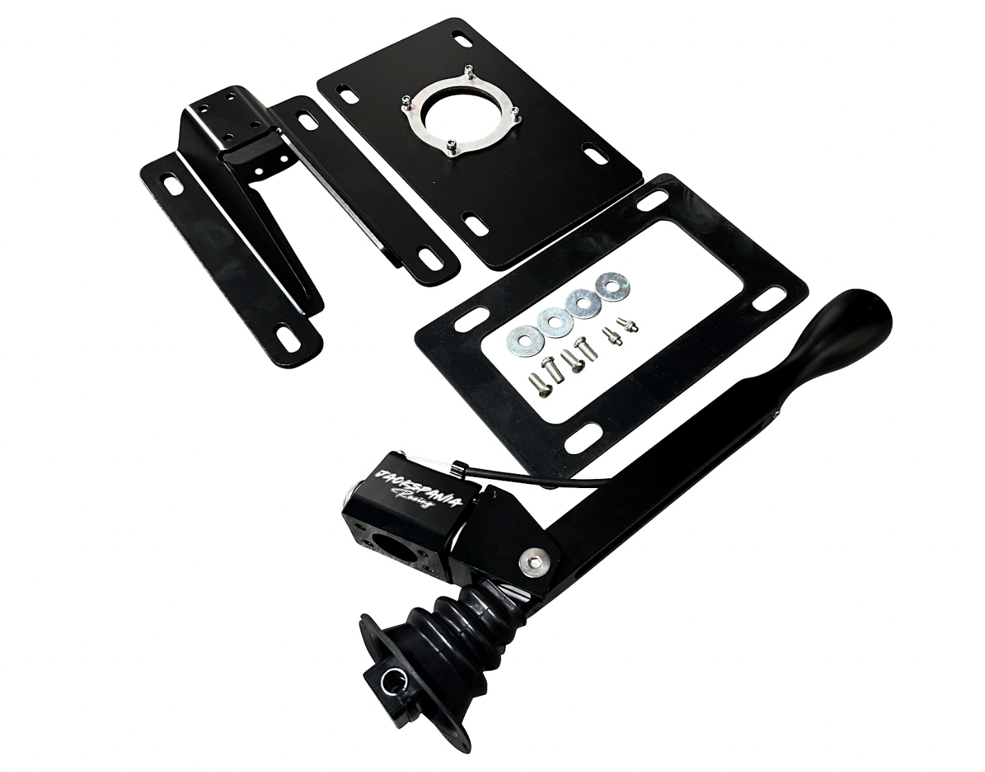 Short shifter V2 for GT86, FR-S, and BRZ from Jack Spania Racing, showing the sleek metallic transmission part with mounting components.