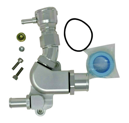 Honda Acura K Series upper coolant housing with built-in filler hose, 16AN fitting, by Jack Spania Racing, engine cooling part.