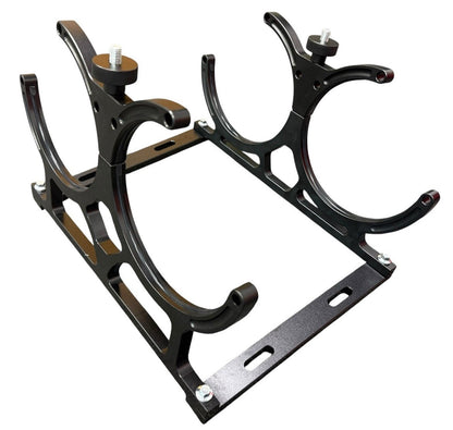 Black billet aluminum dual nitrous oxide bottle holder bracket for 7-inch NOS bottles, designed for exterior mounting by JackSpania Racing.