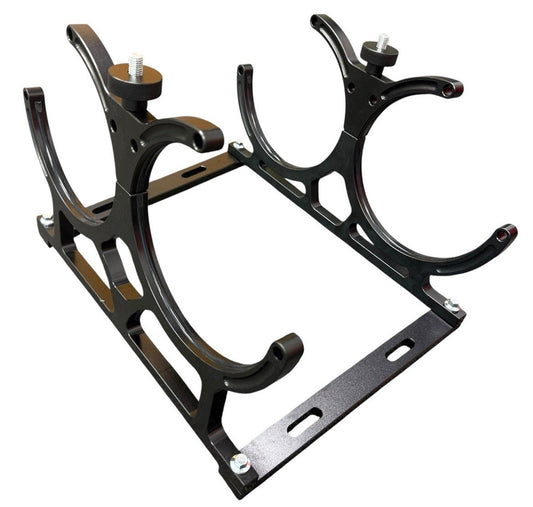 Black billet aluminum dual nitrous oxide bottle holder bracket for 7-inch NOS bottles, designed for exterior mounting by JackSpania Racing.