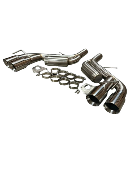 Car exhaust system with components on a white background