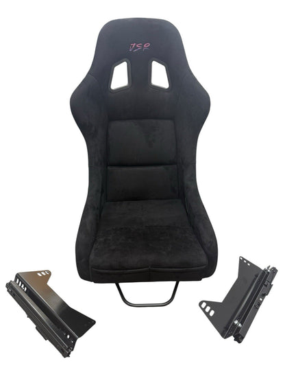 JackSpania Racing universal lightweight fixed bucket seat with suede upholstery, mounted with rails and sliders for interior car setup.