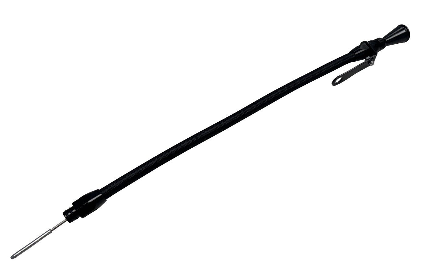 Billet aluminum JZ engine steel braided oil dipstick for 1JZ and 2JZ Supra swap, by JackSpania Racing, showing the braided cable and metal handle.