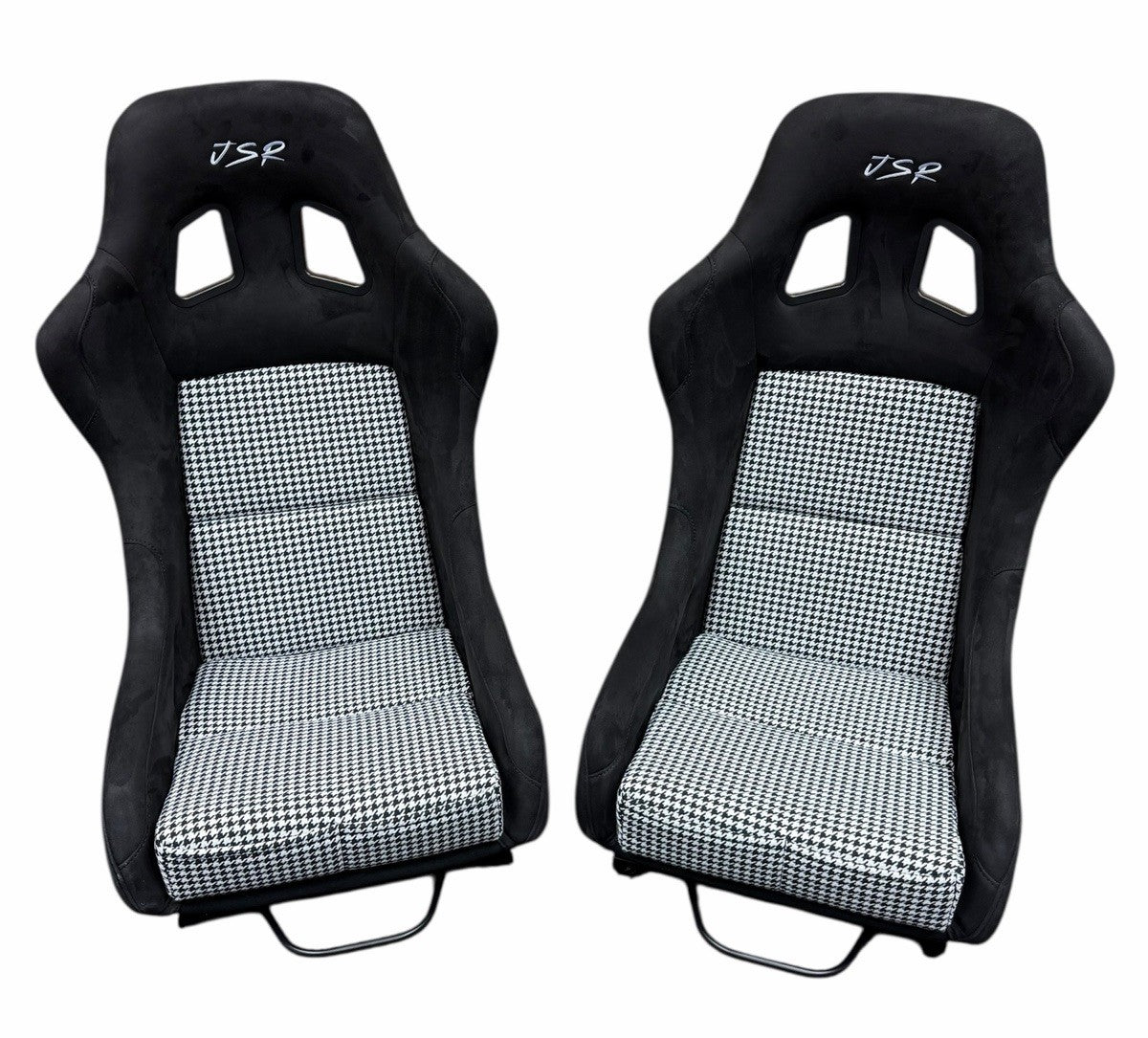 JackSpania Racing universal ultra lightweight fixed bucket seat with rails and sliders in suede, shown installed in a vehicle interior.