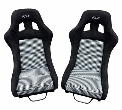 JackSpania Racing universal ultra lightweight fixed bucket seat with rails and sliders in suede, shown installed in a vehicle interior.