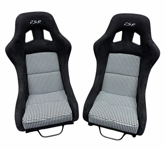 JackSpania Racing universal ultra lightweight fixed bucket seat with rails and sliders in suede, shown installed in a vehicle interior.