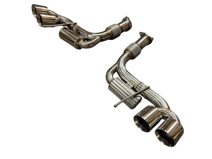 JackSpania Racing axle back exhaust for Chevrolet Corvette C8 2020+ with 6.2L V8, featuring a 3-inch Helmholtz muffler system.