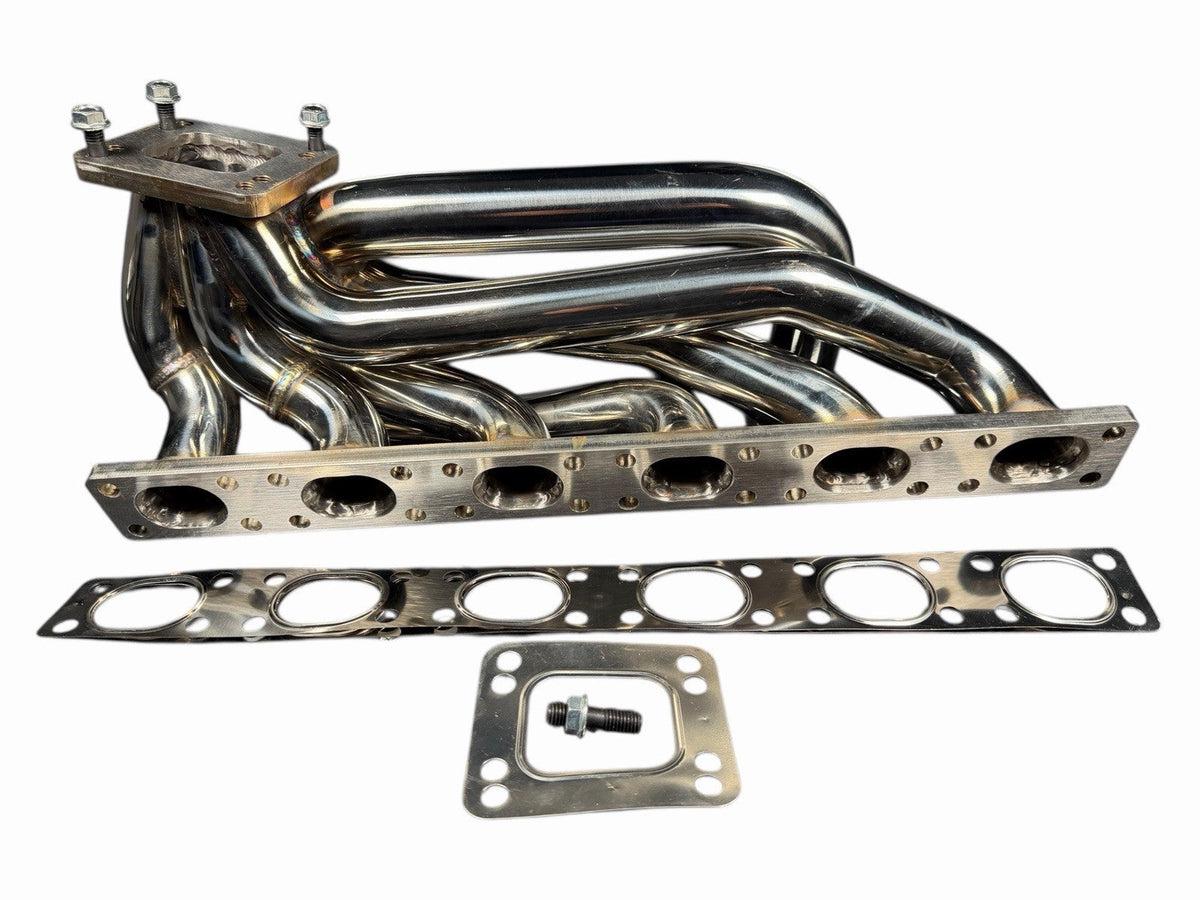 JackSpania Racing BMW E46 E36 E39 tubular turbo manifold with T3/T4 flange and 44mm wastegate, exhaust parts for turbocharged engines.