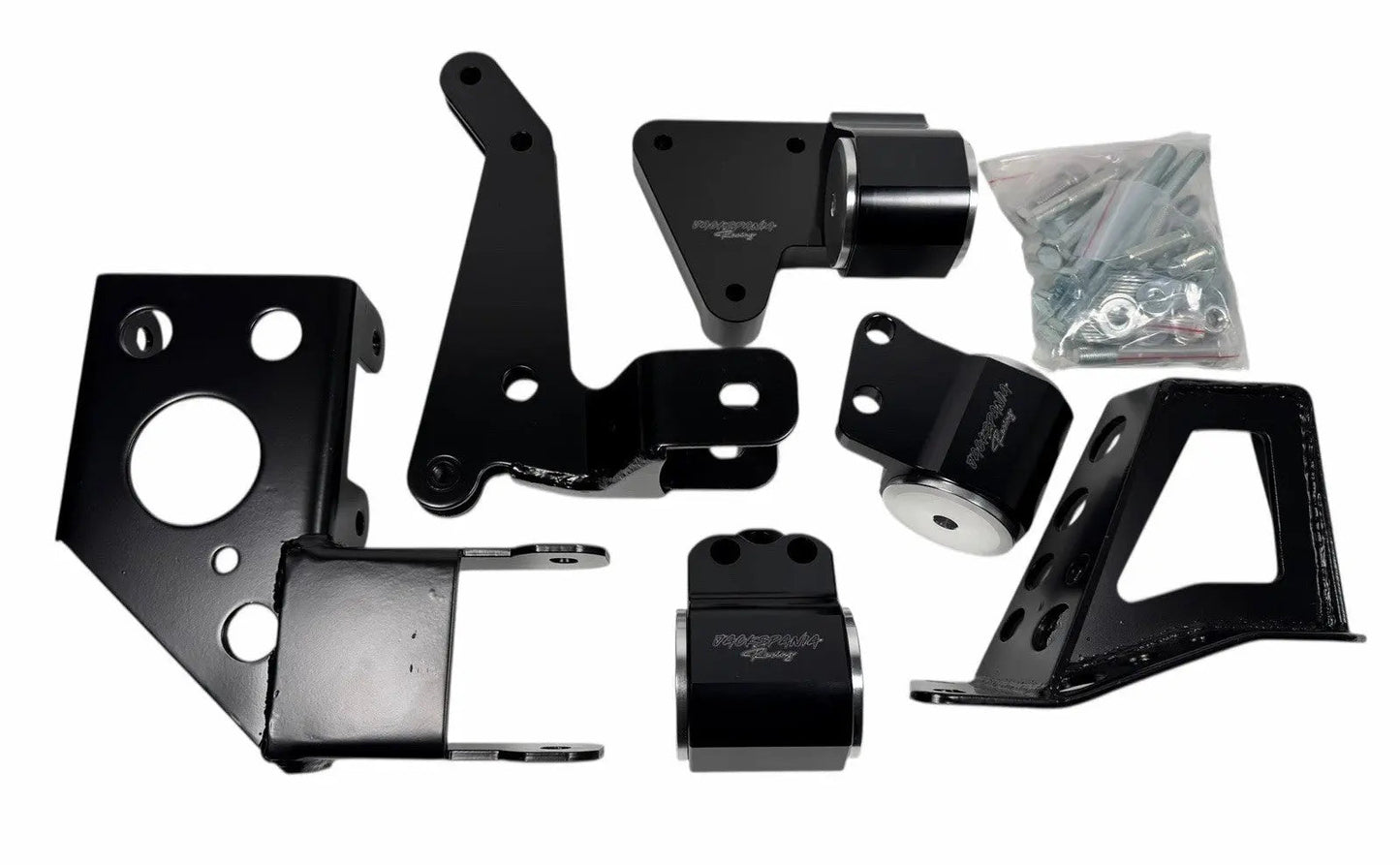 Engine mount bracket for K-Swap Honda Civic 92-95 EG K20 K24 K-Series by Jack Spania Racing, shown mounted in engine bay.