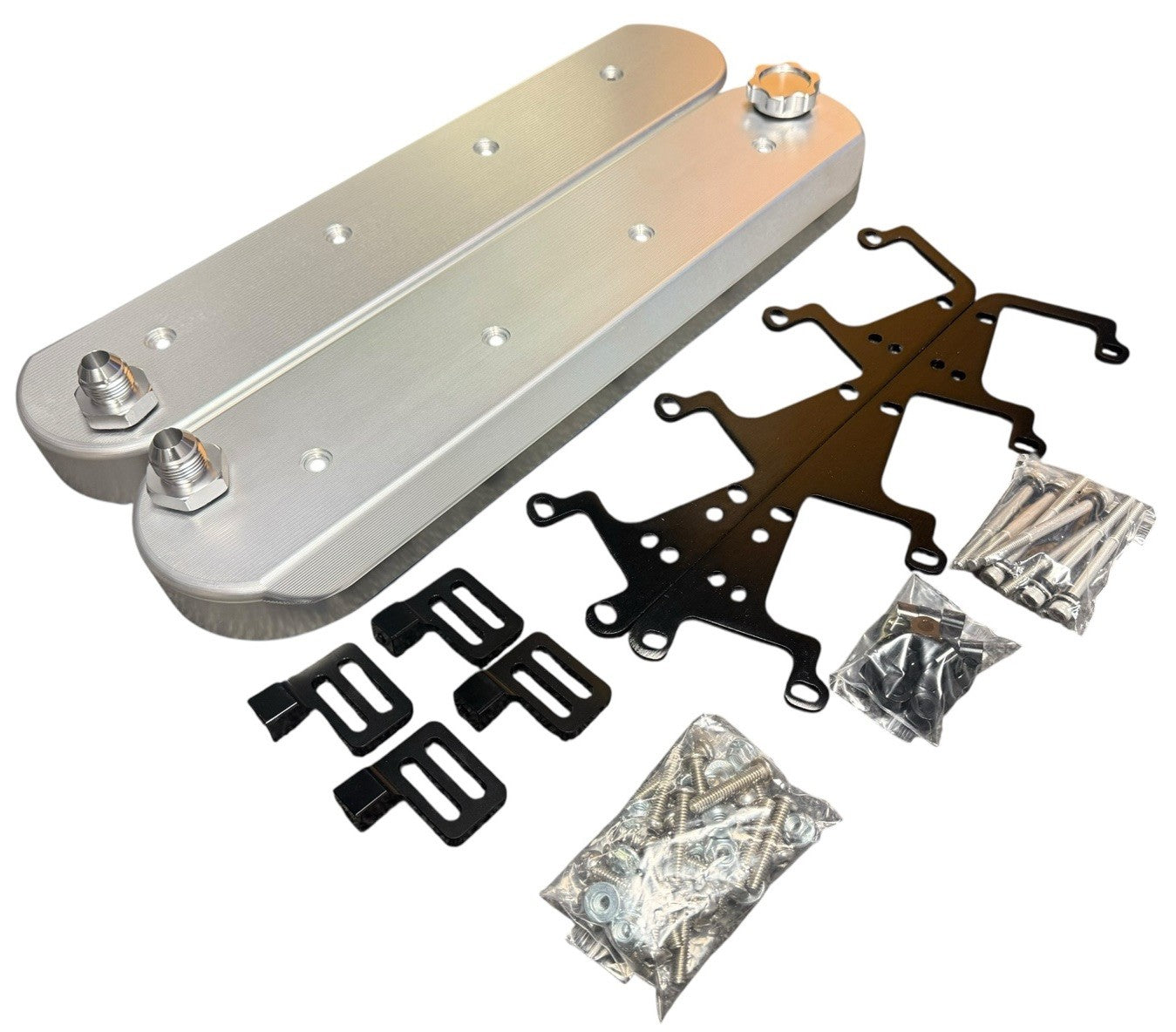 CNC billet V8 LS vented valve cover by JackSpania Racing with 12AN fittings, designed for LS1, LS2, LS6, LS7, LSA, and LS9 engines