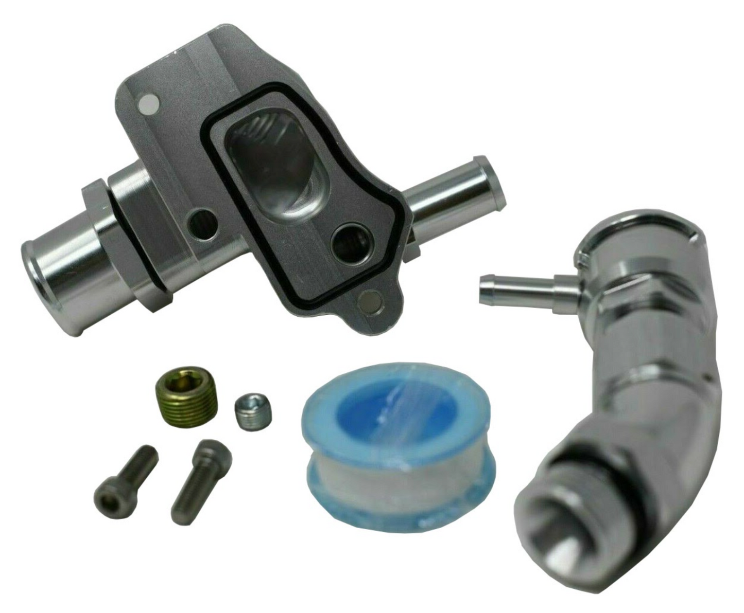 Honda Acura K Series coolant housing with built-in filler hose, K20 K24A1 engine part by Jack Spania Racing, featuring 16AN fittings.