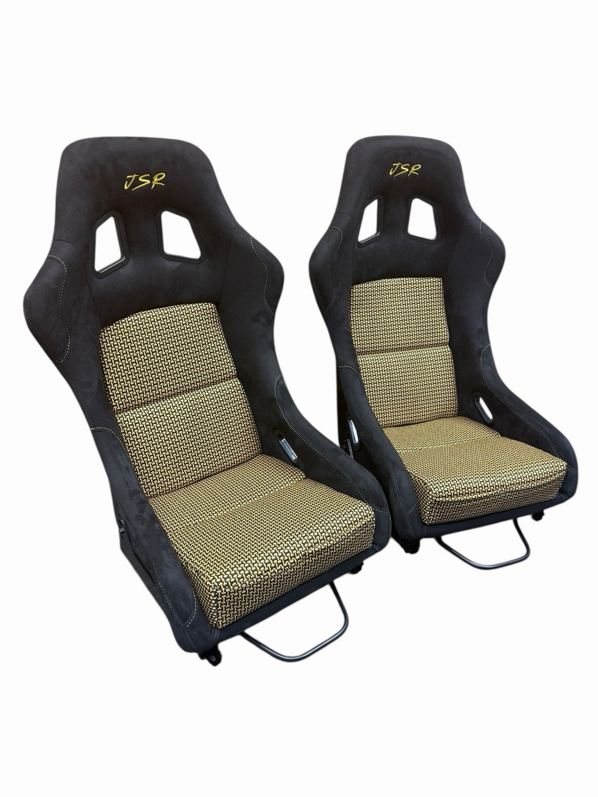 JackSpania Racing universal lightweight fixed bucket seat with suede upholstery, mounted with rails and sliders for interior racing setup.
