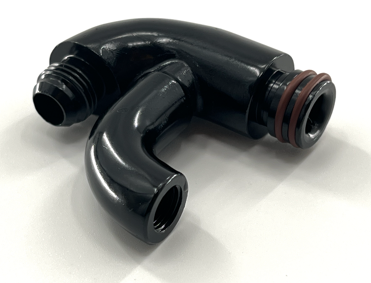 JackSpania Racing center mount fuel rail gauge holder with AN6 fitting for K Tuned K Series fuel rail, engine parts.