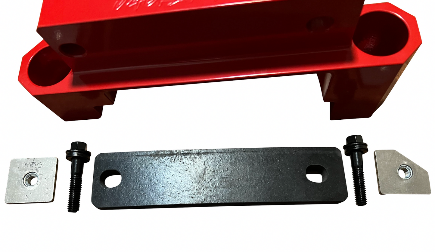 Red billet rear differential brace for Hellcat SRT Scat 392 Redeye, transmission part from Jack Spania Racing, shown in black and red.