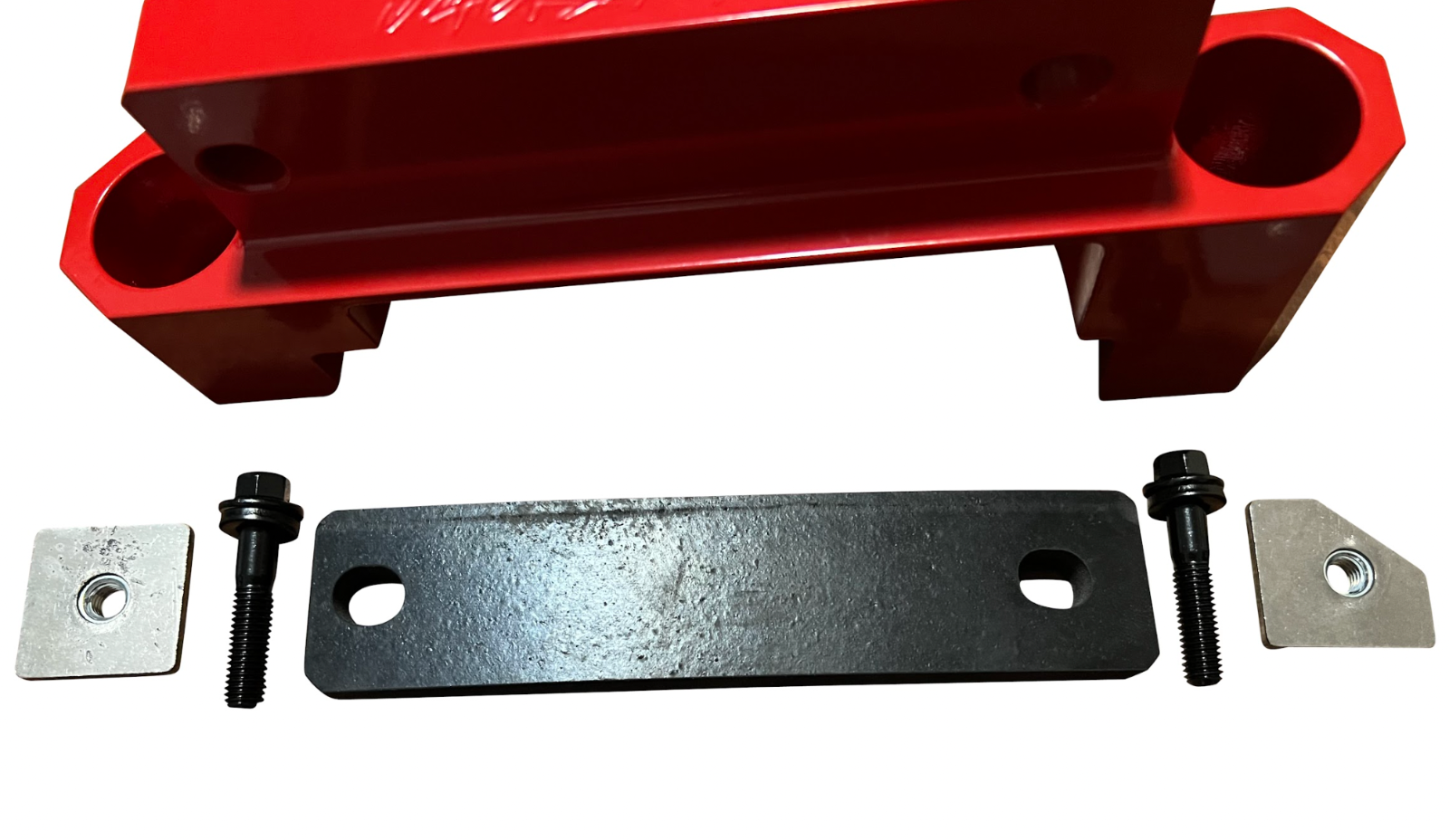 Red billet rear differential brace for Hellcat SRT Scat 392 Redeye, transmission part from Jack Spania Racing, shown in black and red.