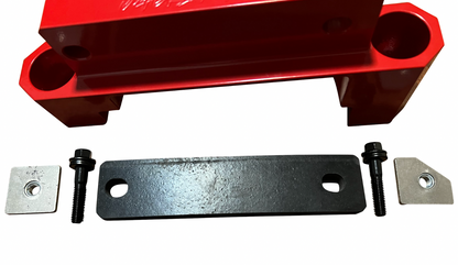 Red billet rear differential brace for Hellcat SRT Scat 392 Redeye, transmission part from Jack Spania Racing, shown in black and red.