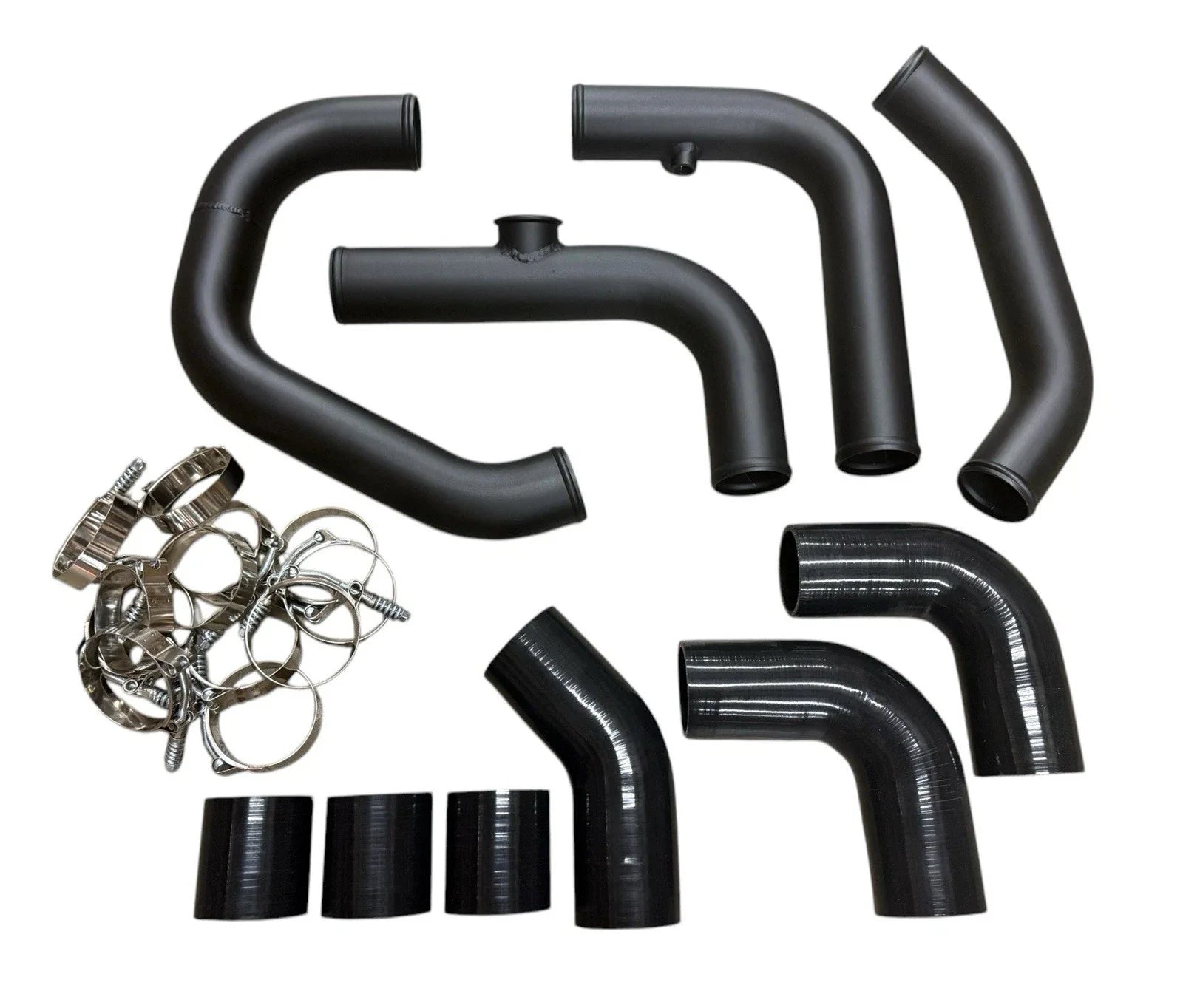 Honda Civic Si K-Series intercooler piping kit by JackSpania Racing with 50mm TiAL BOV flange, showing polished metal piping components.