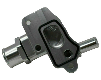 Honda Acura K Series upper coolant housing with built-in filler hose, Jack Spania Racing engine part, includes 16AN fitting.