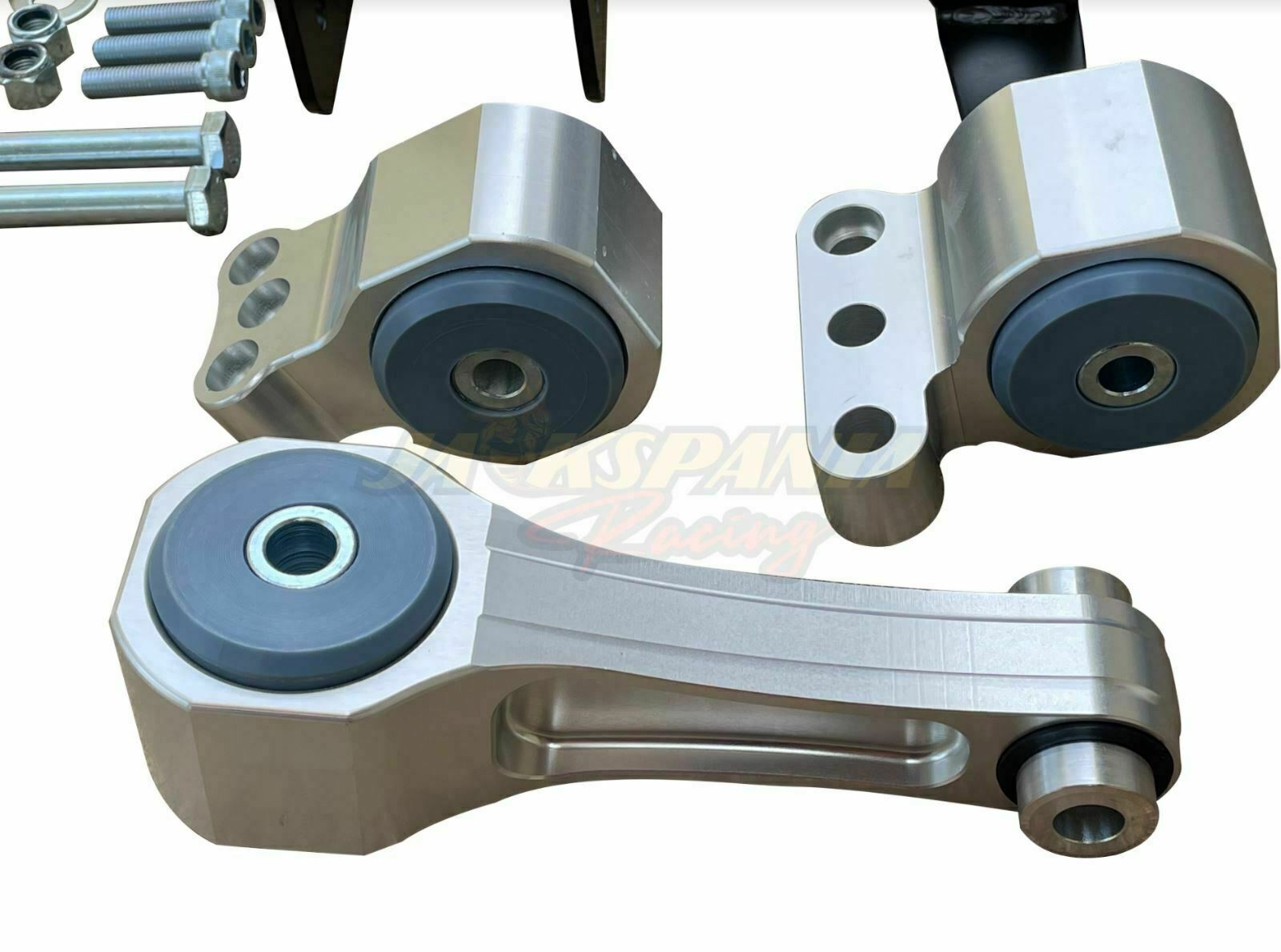 Jack Spania Racing engine mount kit for 2016-2021 Honda Civic FK8 1.5T Si EX 6MT, showing mounted engine components and replacement parts.