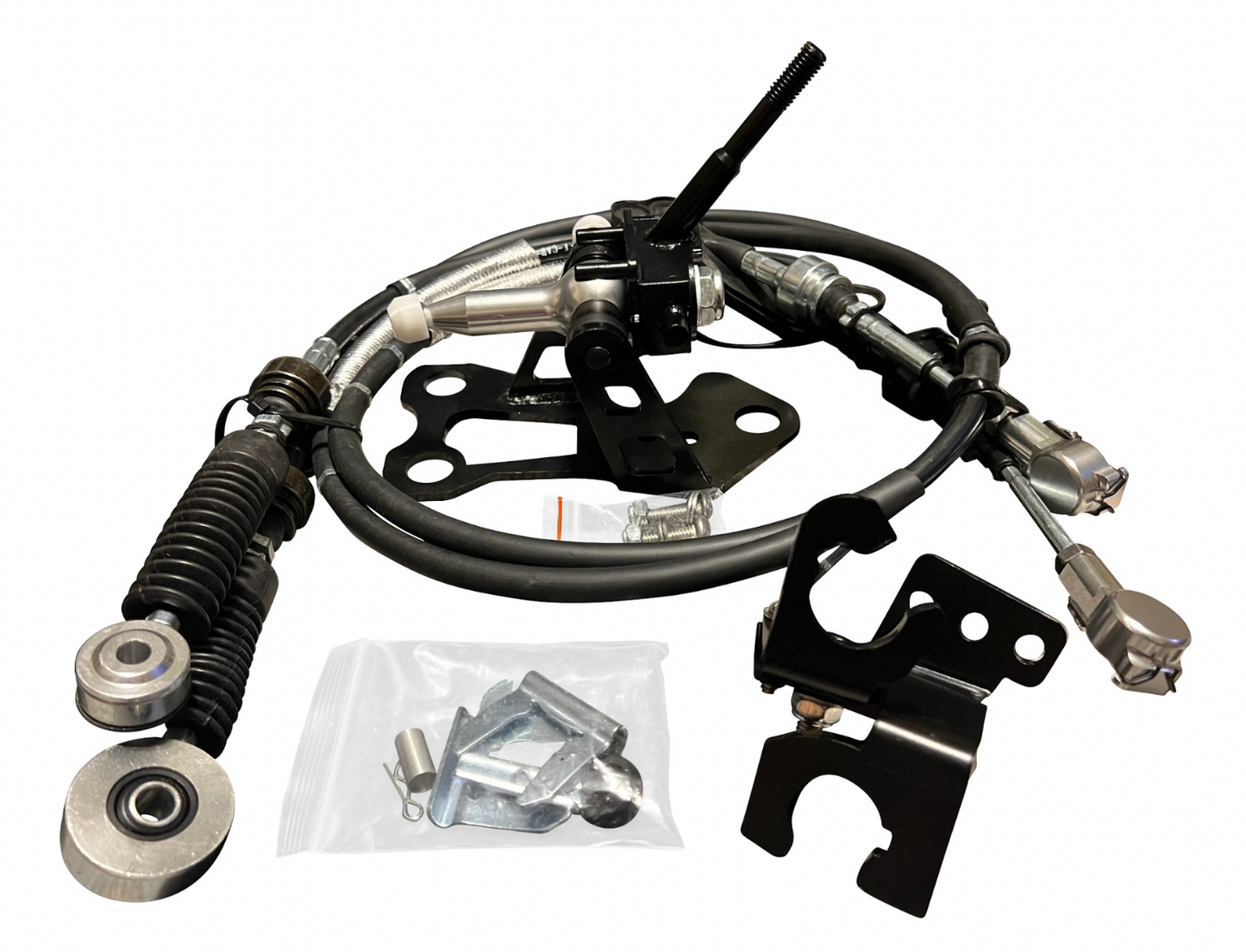 OEM K20z3 shift cable bracket for 8th Gen Honda Civic transmission, shown in black with mounting holes, by Jack Spania Racing.