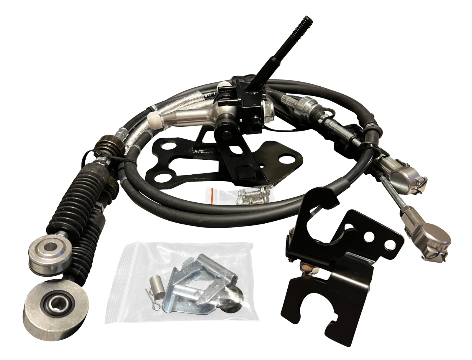 OEM K20z3 shift cable bracket for 8th Gen Honda Civic transmission, shown in black with mounting holes, by Jack Spania Racing.