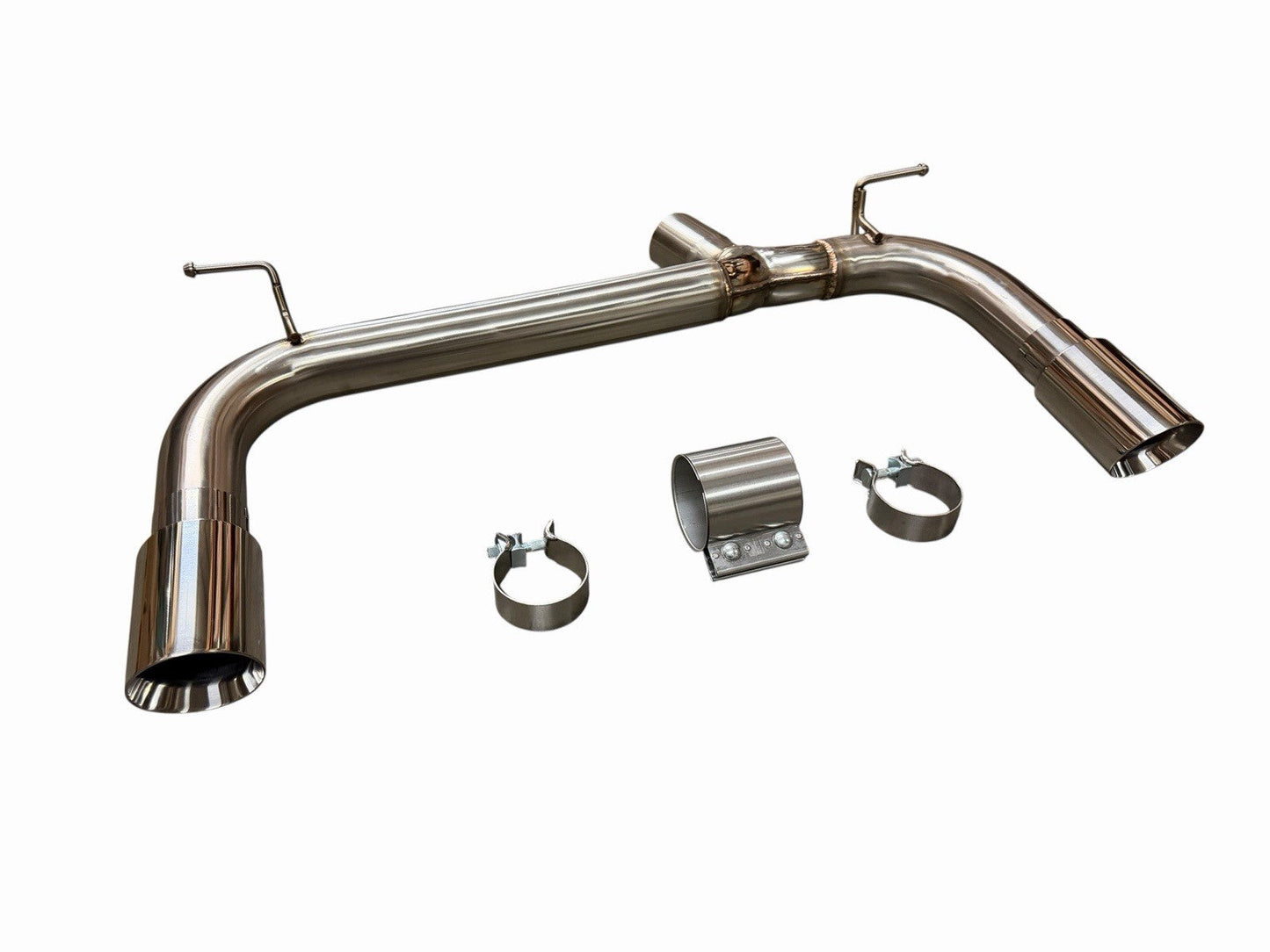 Polished BMW F30 F32 335i 435i axle back muffler exhaust by JackSpania Racing, showing the shiny metal finish and exhaust outlet.
