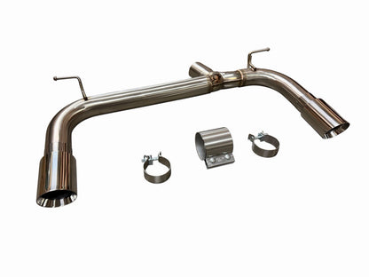 Polished BMW F30 F32 335i 435i axle back muffler exhaust by JackSpania Racing, showing the shiny metal finish and exhaust outlet.