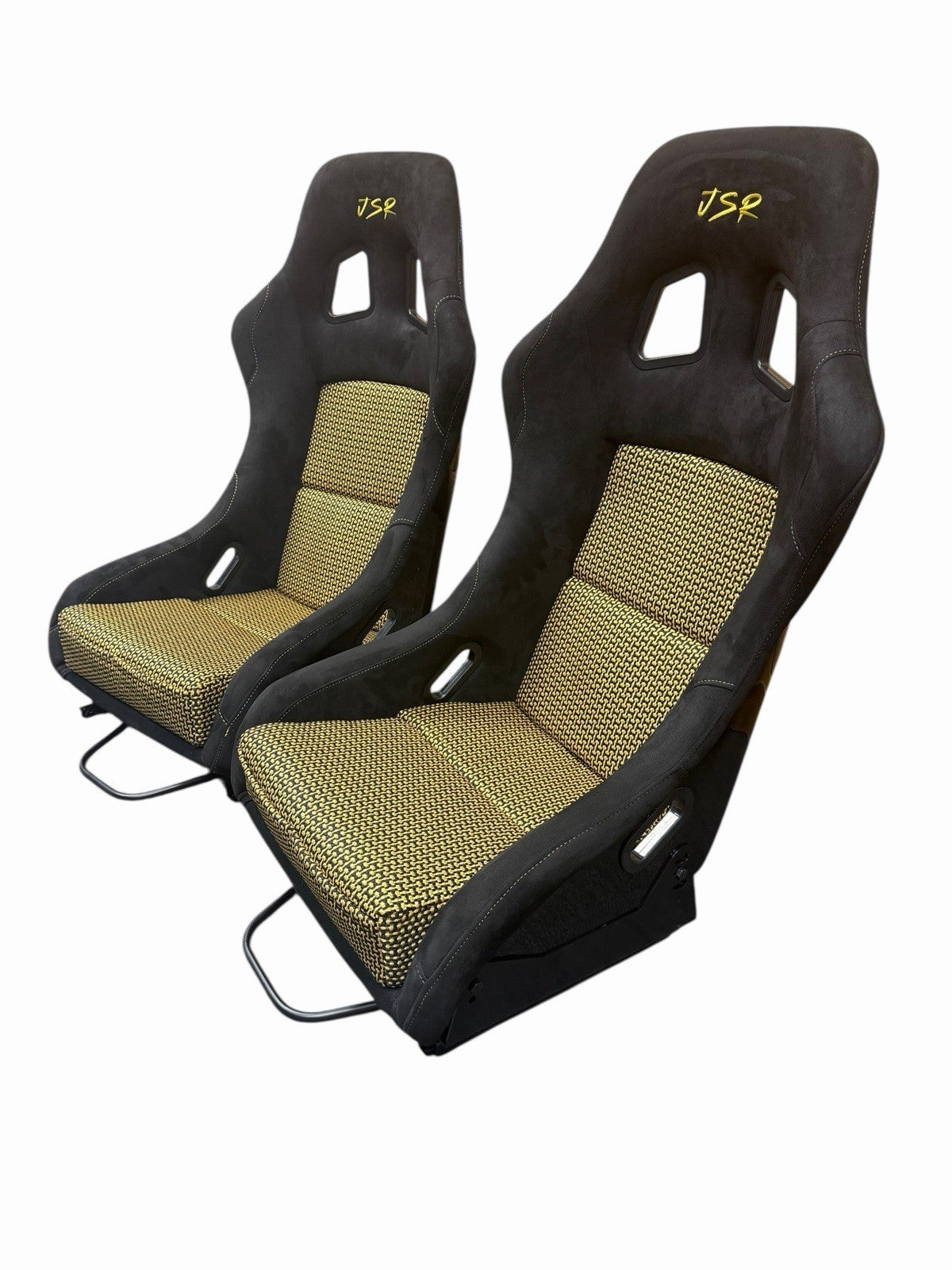 JackSpania Racing universal ultra lightweight fixed bucket seat with rails and sliders in suede, showing the interior view.