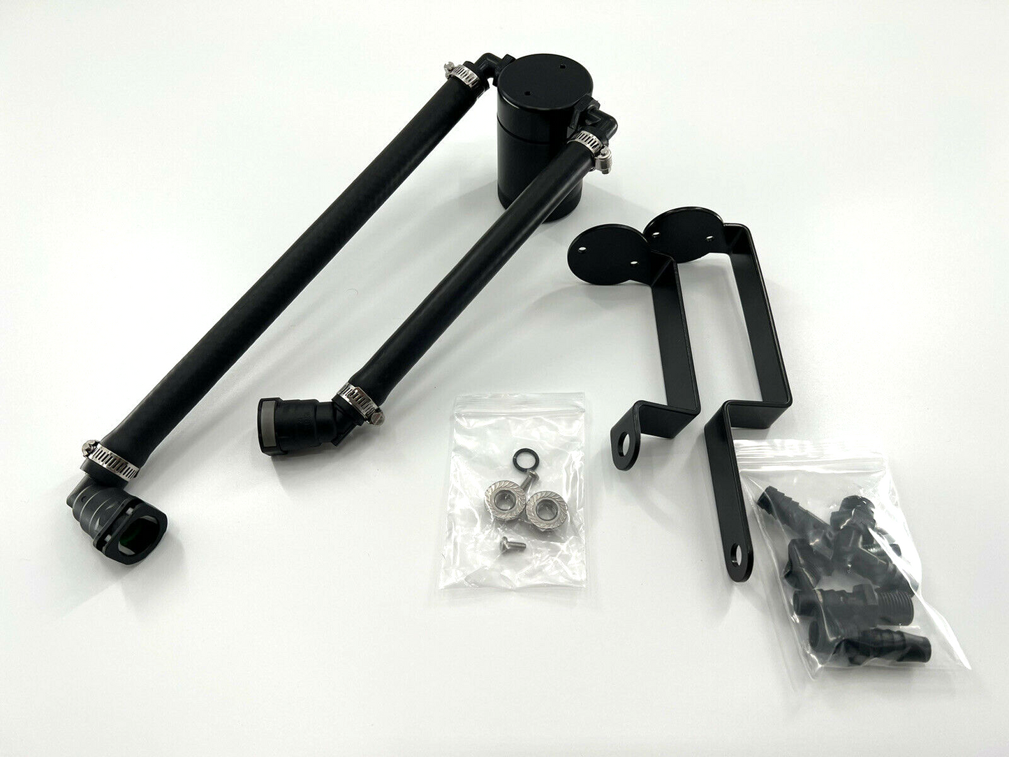 Jack Spania Racing oil separator catch can for 6.2 Supercharged Dodge Durango Hellcat and Trackhawk engine parts, with black finish.