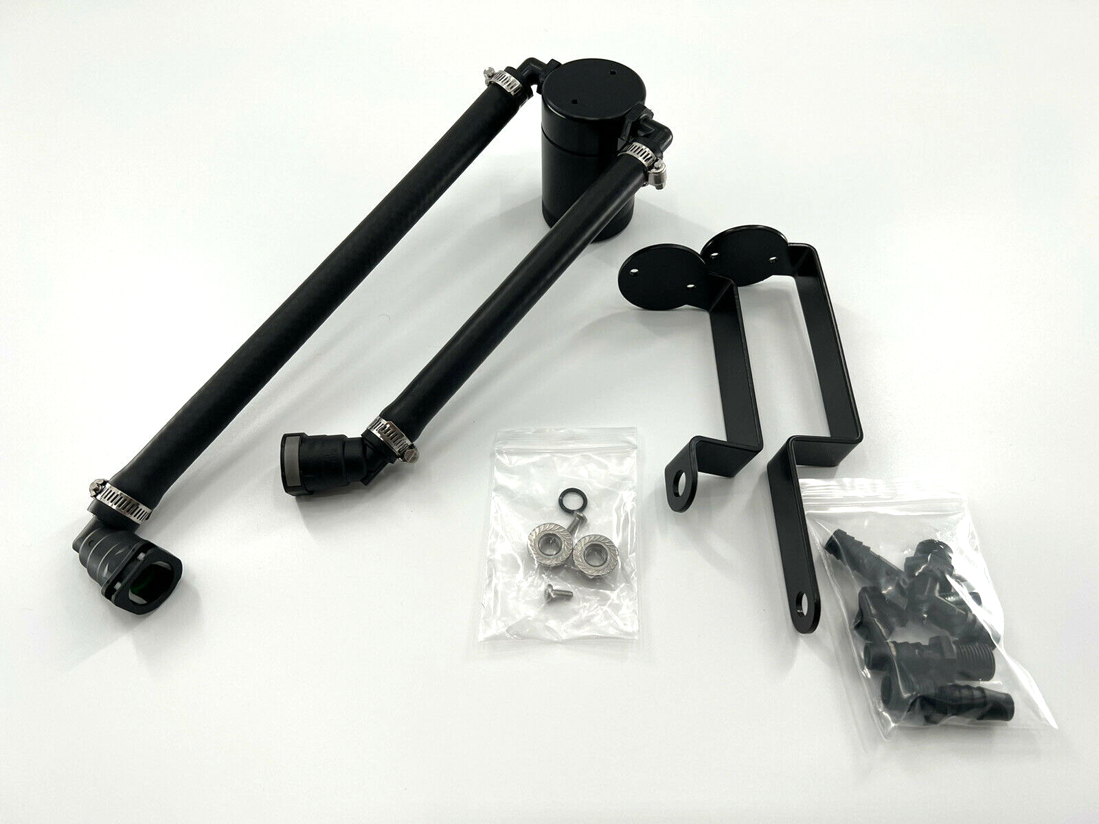 Jack Spania Racing oil separator catch can for 6.2 Supercharged Dodge Durango Hellcat and Trackhawk engine parts, with black finish.