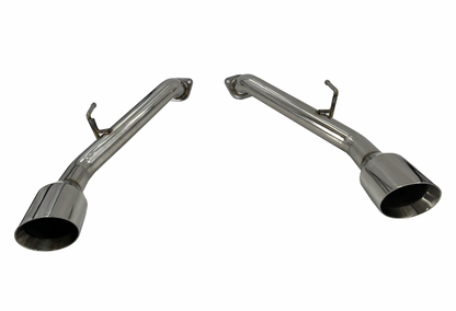 Jack Spania Racing axle-back exhaust muffler for Infiniti Q50 2014+ with dual tips, showcasing the sleek exhaust system.