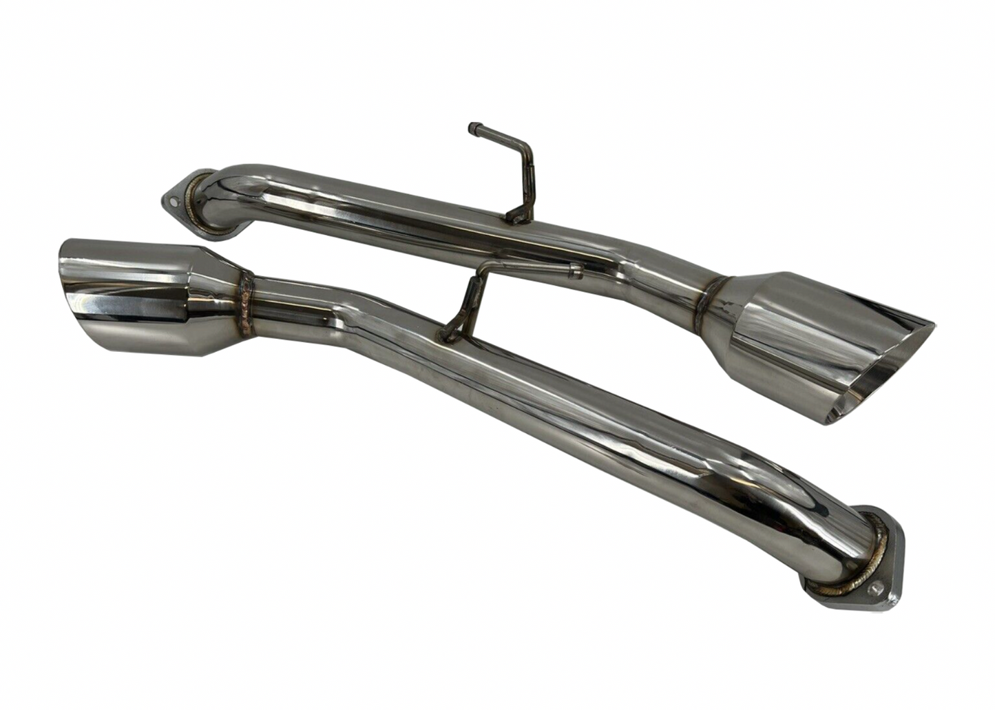 Jack Spania Racing axle-back exhaust muffler with chrome tips for Infiniti Q50 2014+ 2WD and AWD vehicles, showing polished exhaust tips.