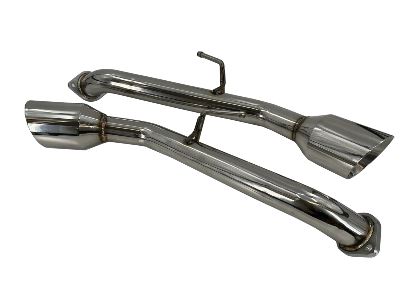 Jack Spania Racing axle-back exhaust muffler with chrome tips for Infiniti Q50 2014+ 2WD and AWD vehicles, showing polished exhaust tips.