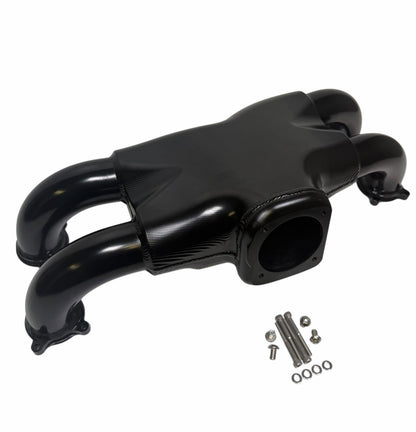 Rear facing billet intake manifold for Subaru WRX STi 04-21 with 64mm throttle body by JackSpania Racing, showing polished aluminum finish.