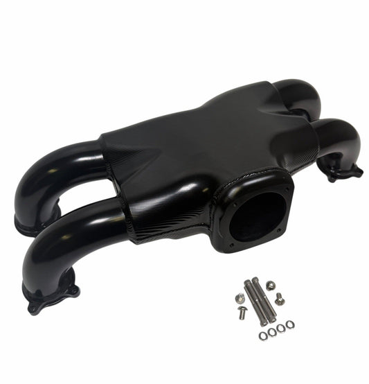 Rear facing billet intake manifold for Subaru WRX STi 04-21 with 64mm throttle body by JackSpania Racing, showing polished aluminum finish.