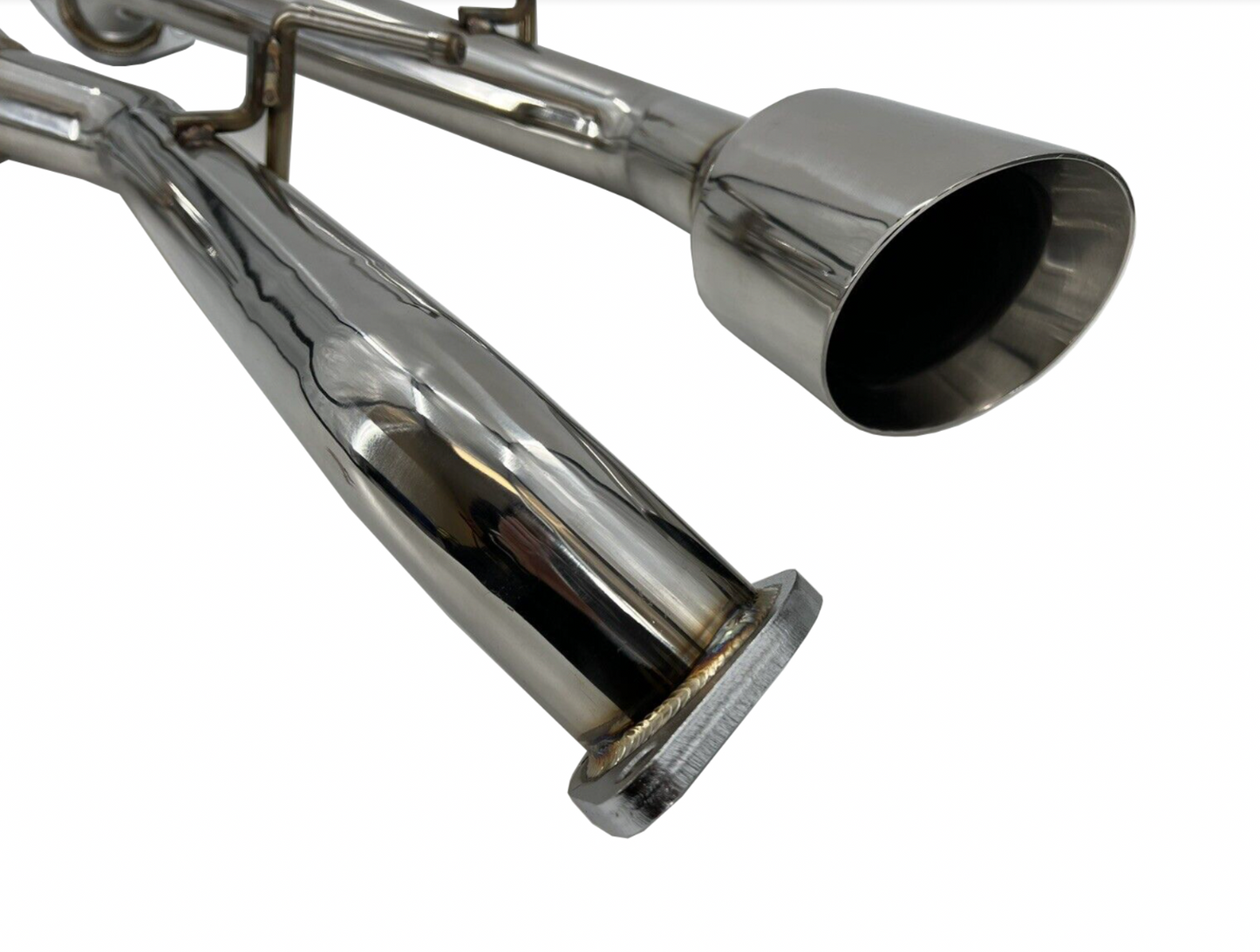 Jack Spania Racing axle-back exhaust muffler with polished tips for Infiniti Q50 2014+ 2WD AWD vehicle, showing the exhaust tips and piping.
