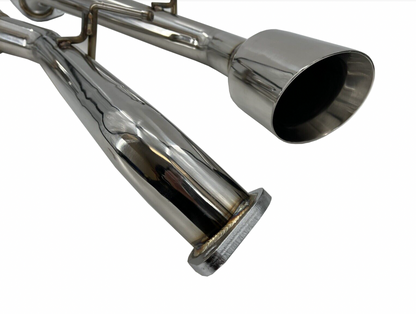 Jack Spania Racing axle-back exhaust muffler with polished tips for Infiniti Q50 2014+ 2WD AWD vehicle, showing the exhaust tips and piping.
