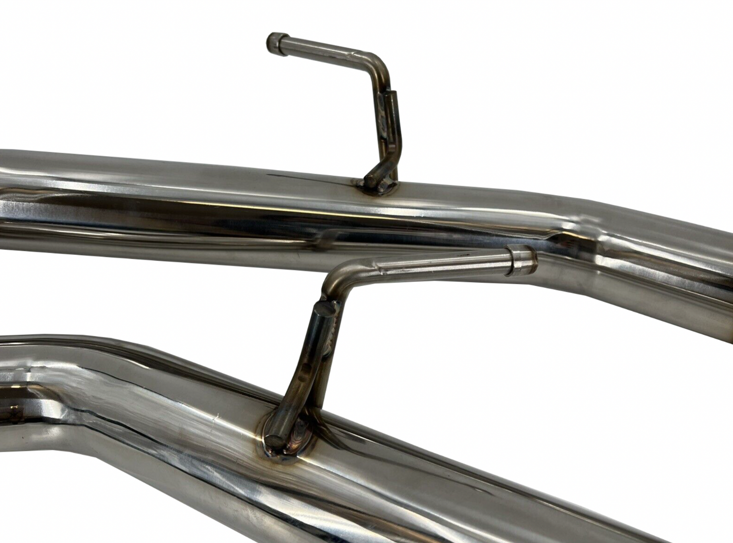 Jack Spania Racing axle-back exhaust muffler for Infiniti Q50 2014+ with chrome tips, showing the polished exhaust tips and piping.