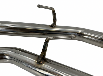 Jack Spania Racing axle-back exhaust muffler for Infiniti Q50 2014+ with chrome tips, showing the polished exhaust tips and piping.