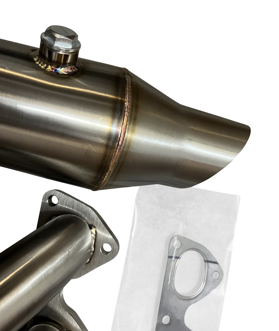 Honda Acura D Series race hood exit header by Jack Spania Racing, showing the polished metal exhaust header with multiple pipes
