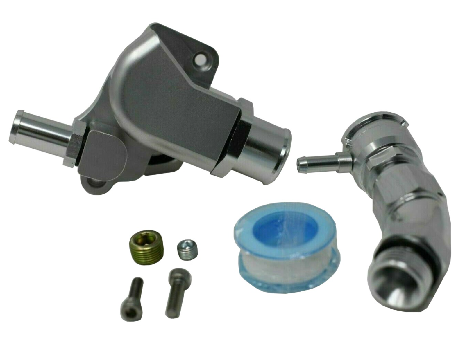 Jack Spania Racing K Series upper coolant housing with built-in filler hose for Honda Acura K20 K24A1 engine, featuring 16AN fittings.