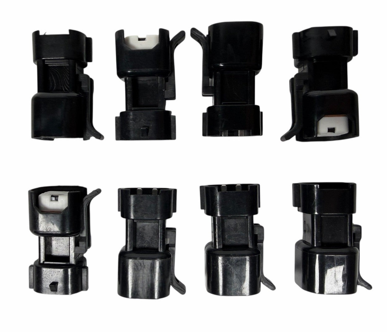JackSpania Racing USCAR EV6 EV14 fuel injector adapter connector set of 8 for Denso style engine parts, showing detailed connectors.